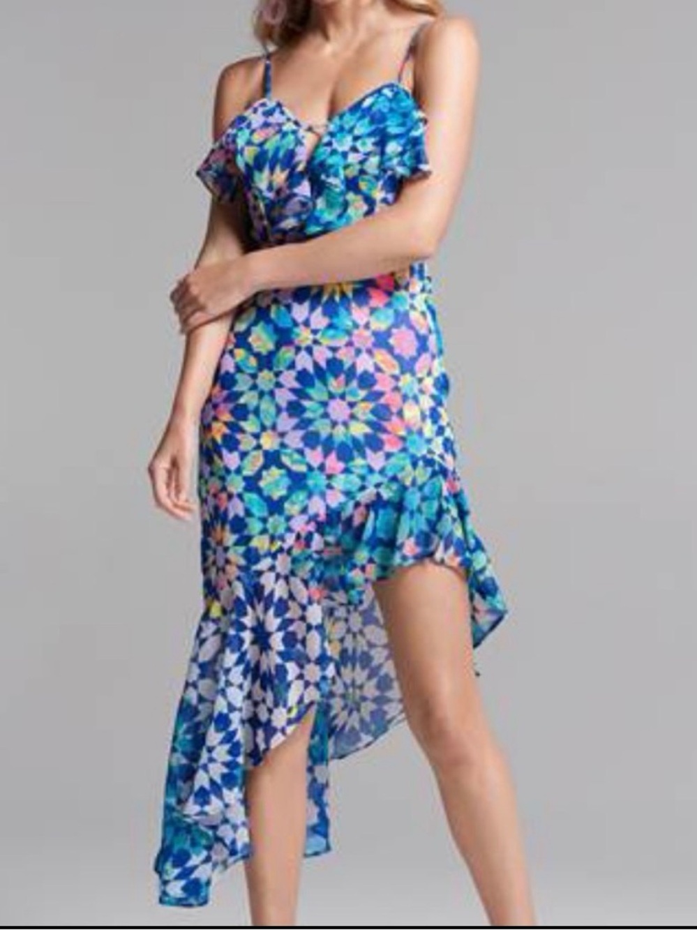 VENUS Blue Multi Floral Asymmetrical Ruffle Dress